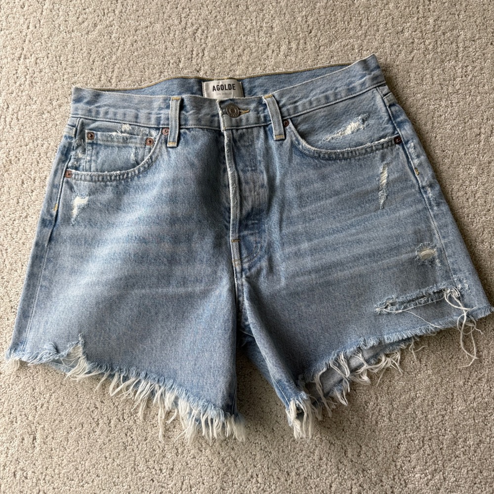AGOLDE Parker Long Denim Shorts Womens 28 Light Blue Distressed A9010-811